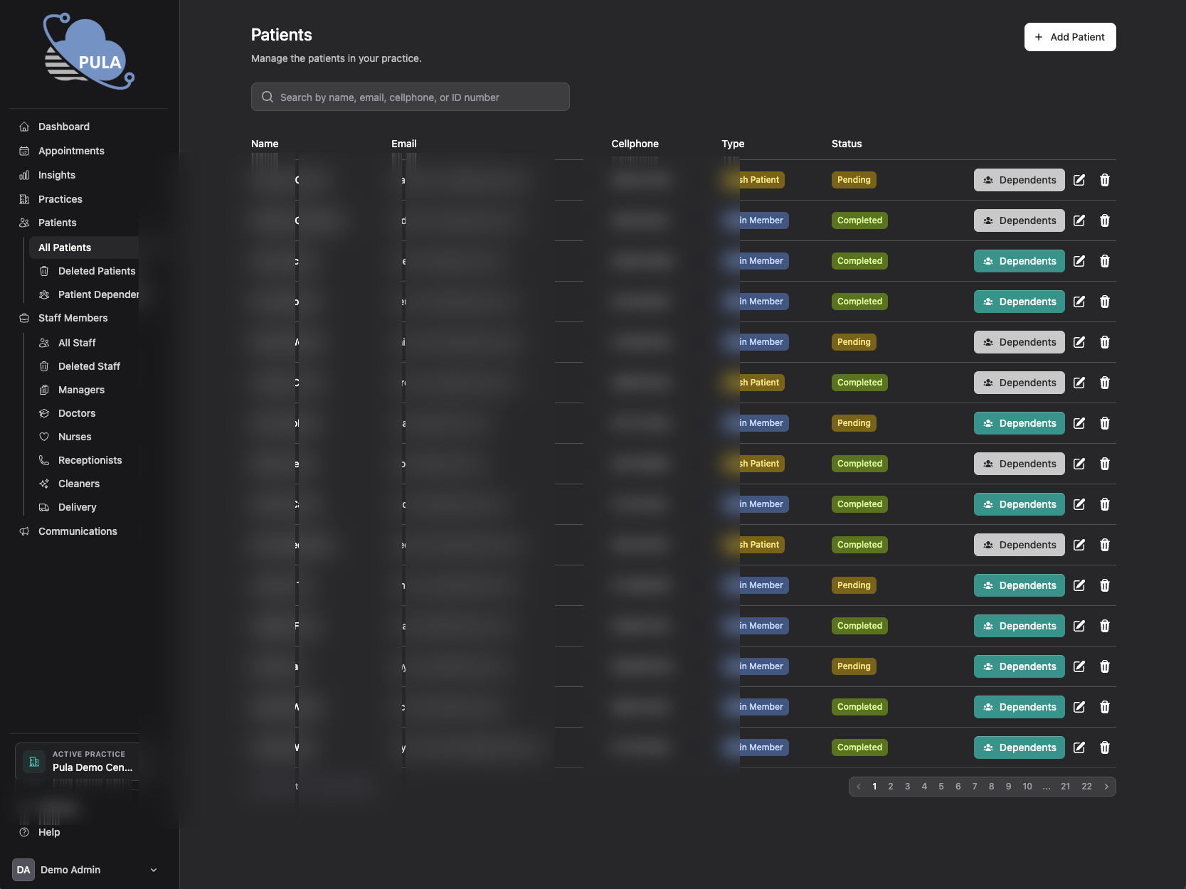 Pula patient management view